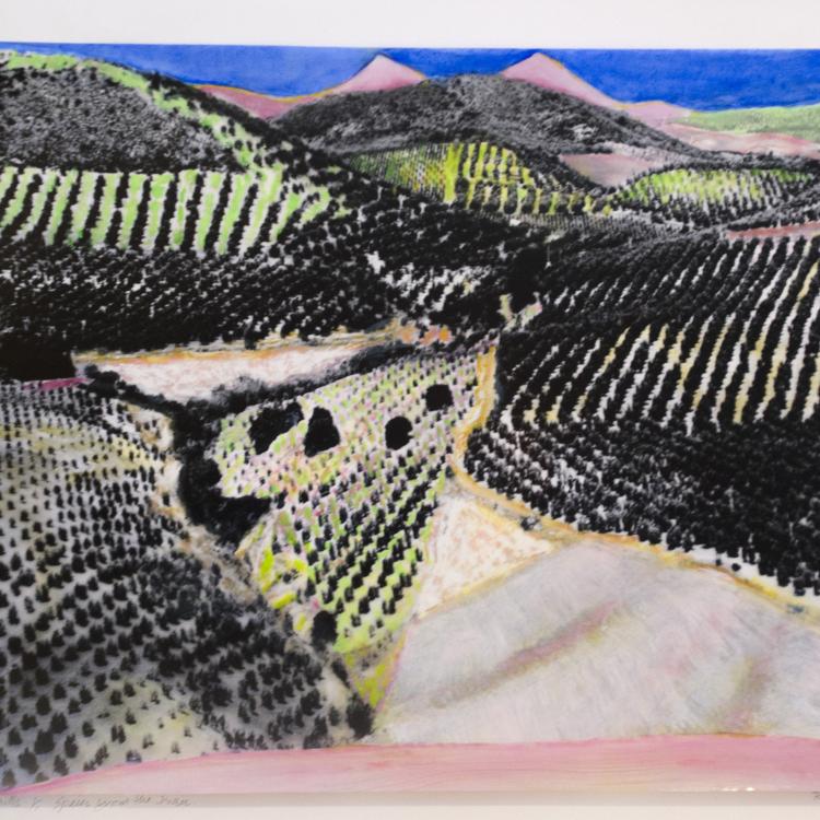 Pink Hills, painted transparency on colored paper mounted on black foamcore