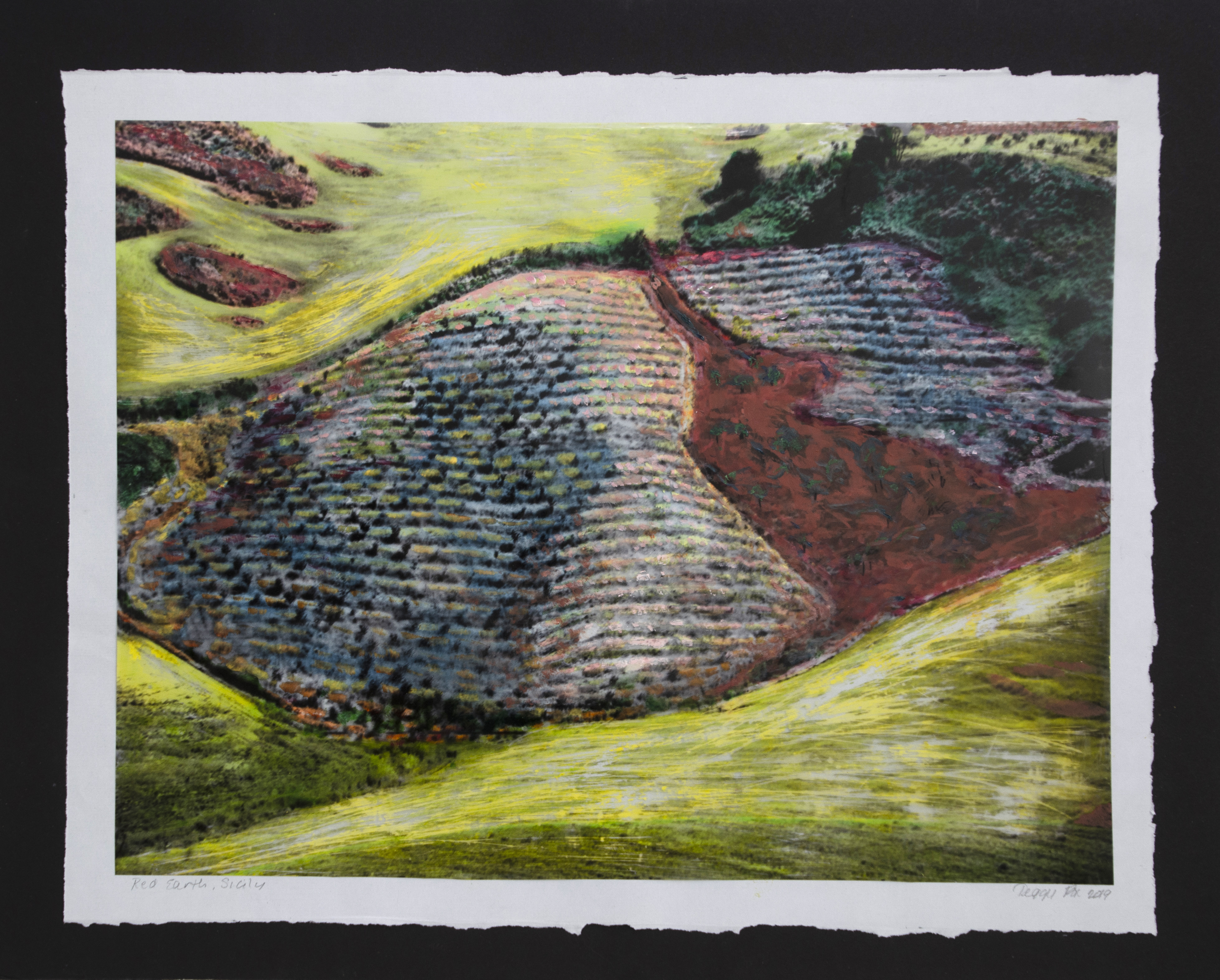 Red Earth Sicily, painted transparency on colored paper mounted on black foamcore