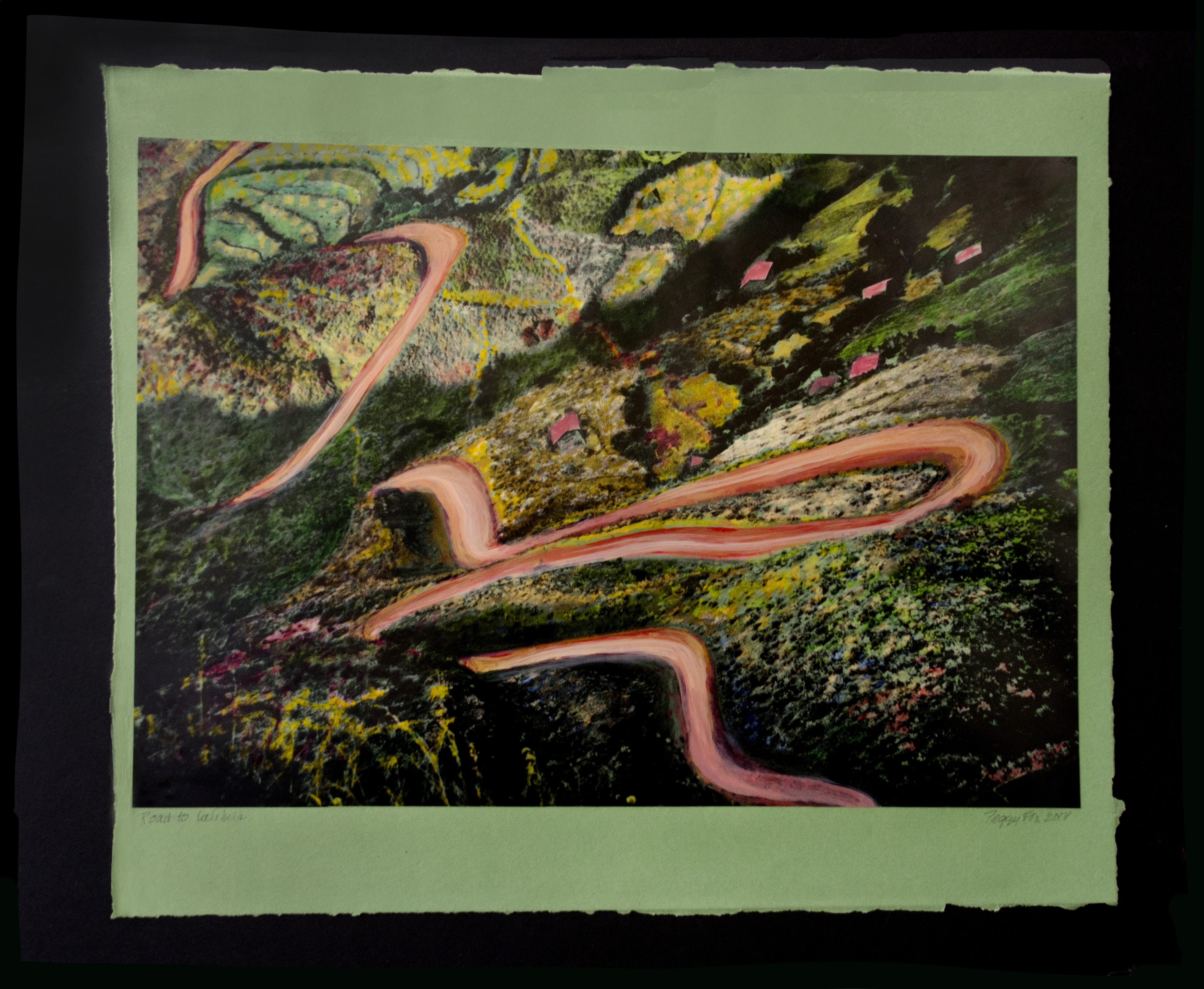 Road to Lalibella, painted transparency on colored paper mounted on black foamcore