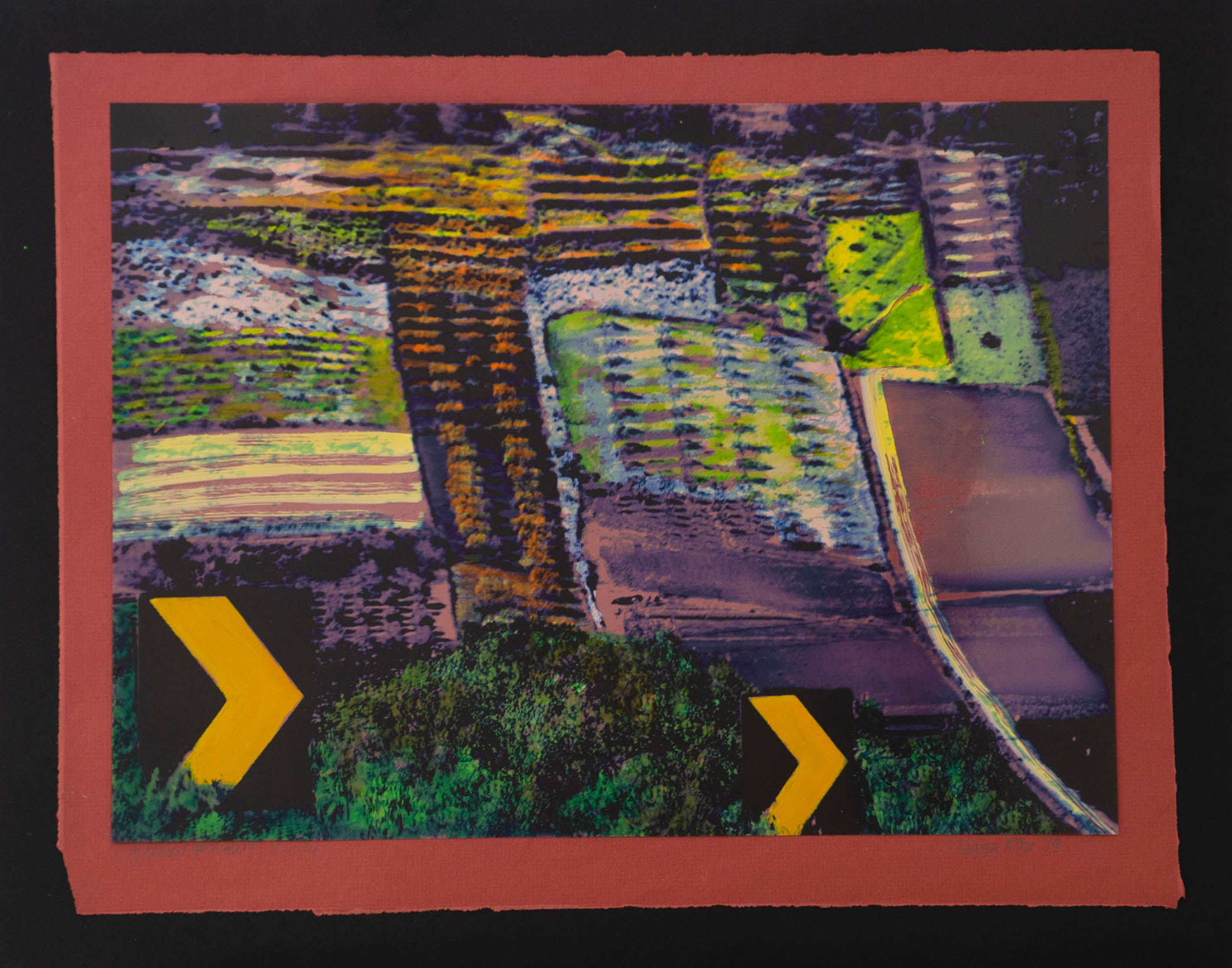 Yellow Arrows, painted transparency on colored paper mounted on black foamcore