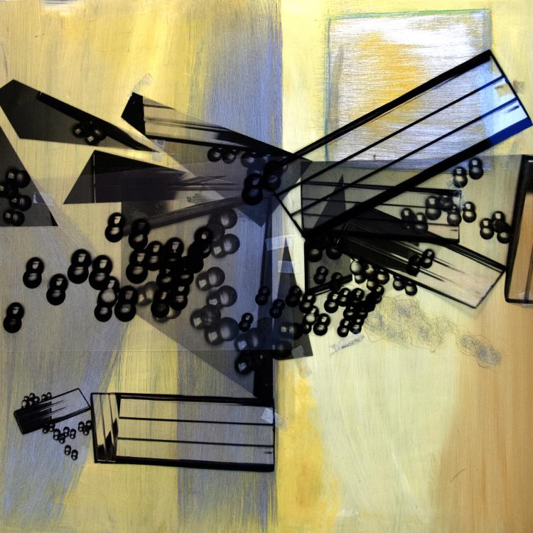 "Angular Momentum" Transparencies and paint on aluminum 24x24