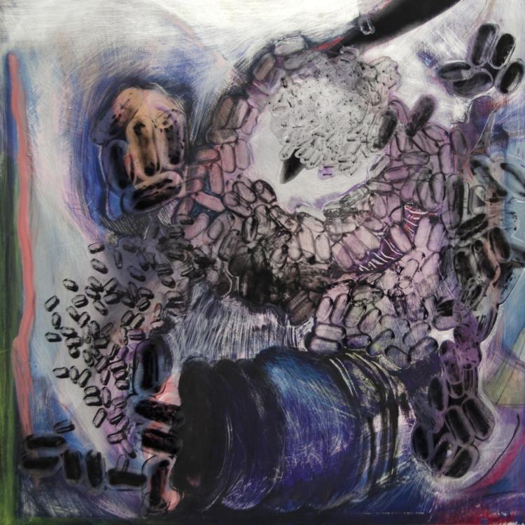"Deep Purple Falls' transparencies and paint on worked aluminum 24X24
