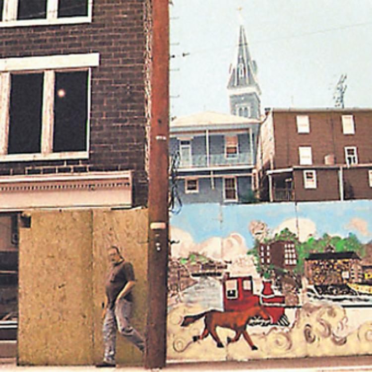 Mural shielding fire damages. Main Street, Ellicott City