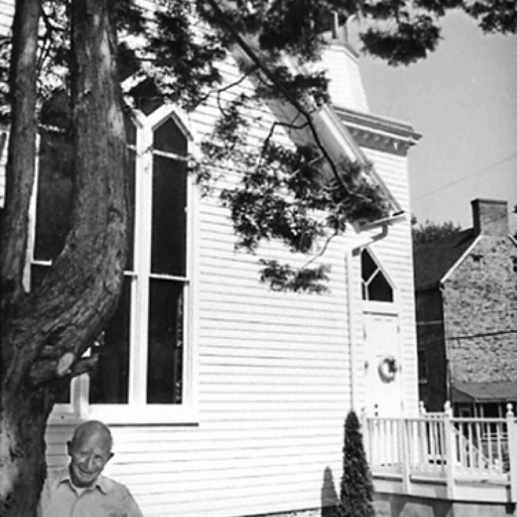 Charles Wagandt outside his office, formerly Oella Methodist Church