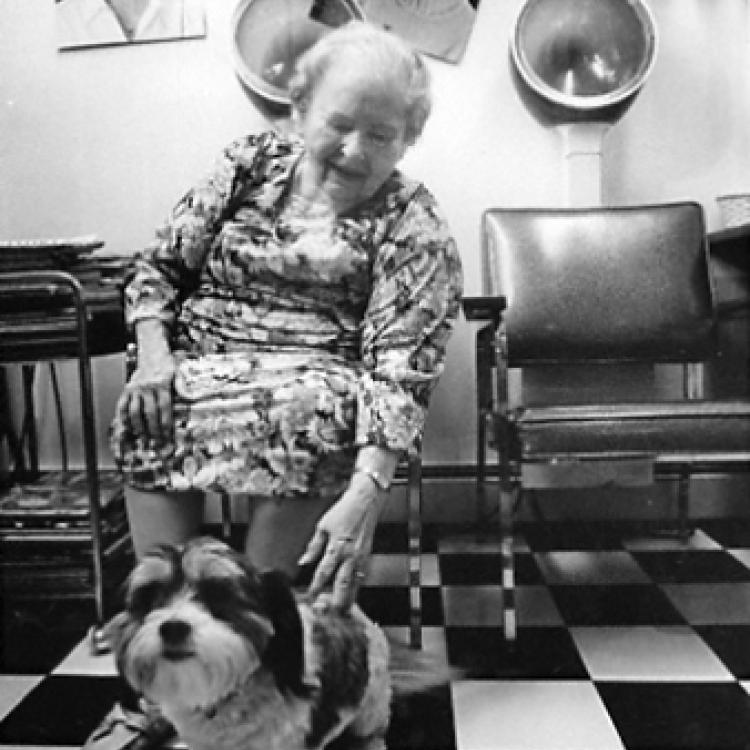 Dorothy Baker with Daisy in her Harwood Hair Studio, Elkridge