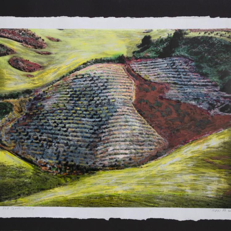 Red Earth Sicily, painted transparency on colored paper mounted on black foamcore