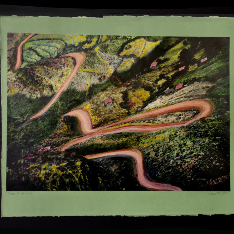 Road to Lalibella, painted transparency on colored paper mounted on black foamcore