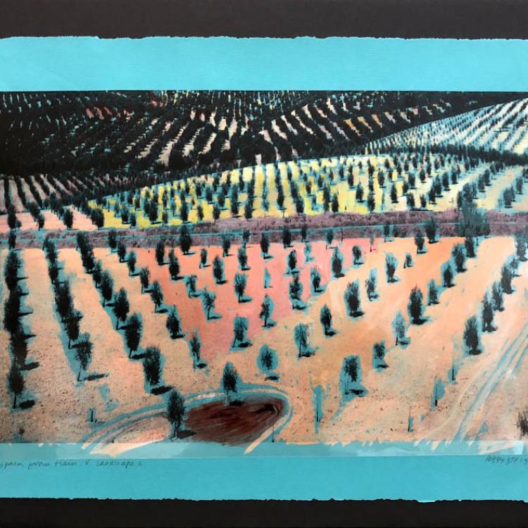 Spain from the Train, painted transparency on colored paper mounted on black foamcore
