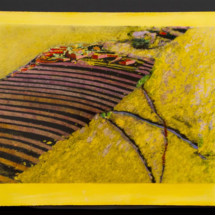 Steps and Terraces, painted transparency on colored paper mounted on black foamcore