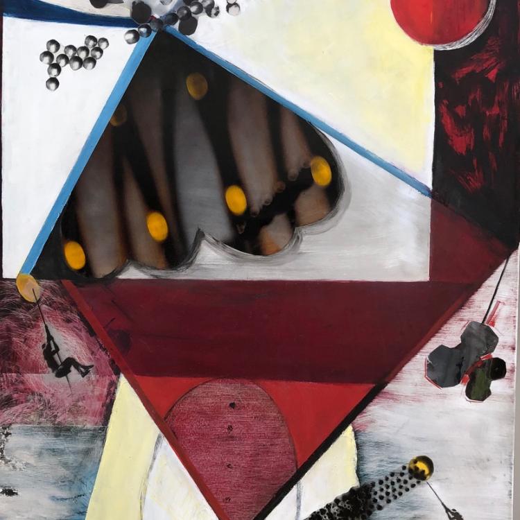 "Teeter Totter, State of the State" Transparencies and paint on aluminum. 2019 36" x 24"  