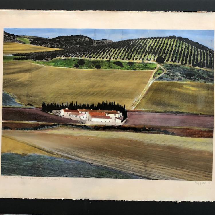 The White Farm, painted transparency on colored paper mounted on black foamcore