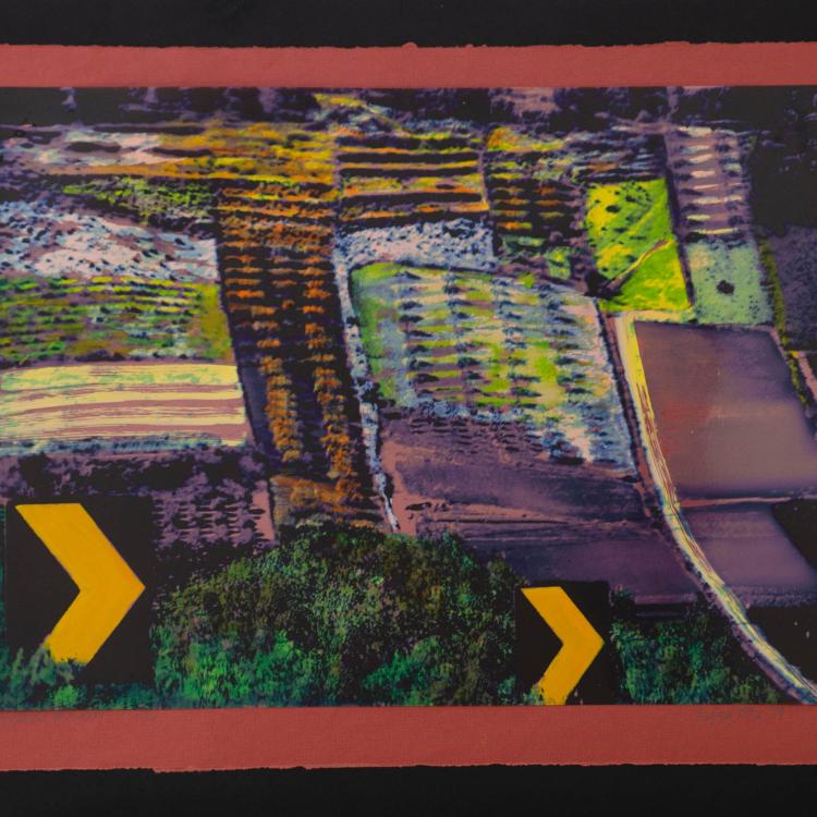 Yellow Arrows, painted transparency on colored paper mounted on black foamcore