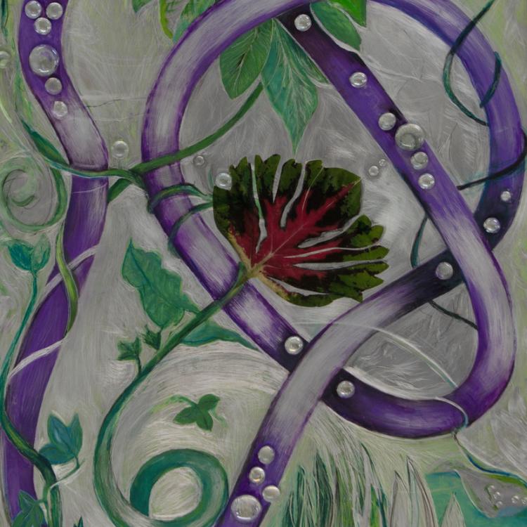 "Knots and Vines with Leaf" oil paint and transparency on aluminum 36 x 24