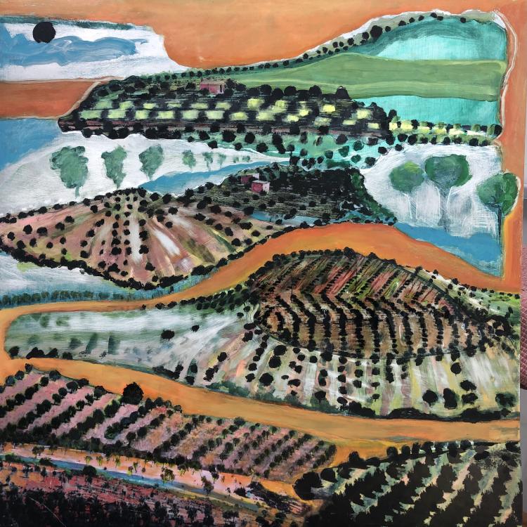 Orange Olive Orchards, painted transparency on colored paper mounted on black foamcore
