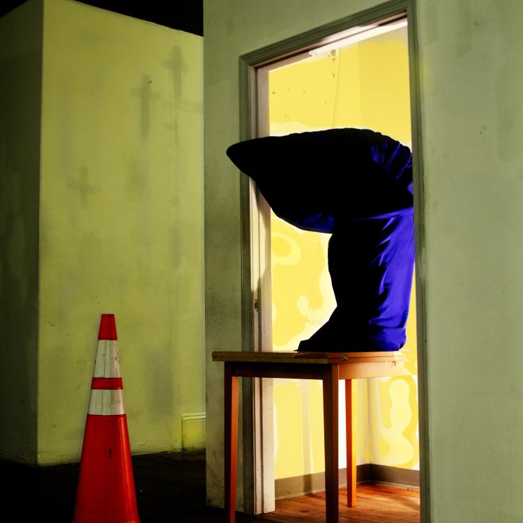 Wrapped figure and traffic cone.